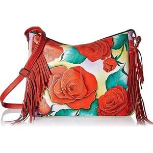 Anuschka Floral Rose Hand Painted Leather Handbag Fringe Trim + Coin Purse